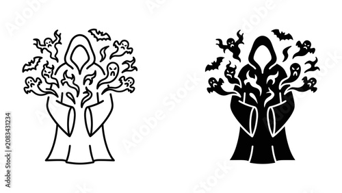 Canvastavla Spooky Halloween Illustration: A hooded figure surrounded by ghostly apparitions and flying bats, depicted in both line art and silhouette style, perfect for Halloween-themed designs