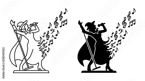 Photos Silhouette of a Singer: A striking silhouette and outline illustration depicts a dynamic singer performing with passion, surrounded by musical notes that flow upwards, symbolizing the power of melody