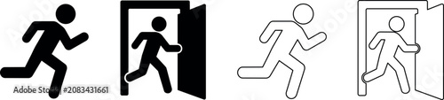 Fotografi Running man icon exiting through an open doorway in black and white