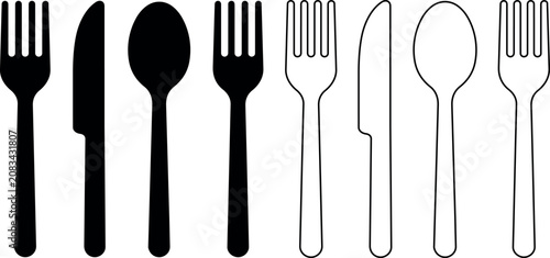 Quadro su tela Collection of black and white cutlery icons for dining and food preparation