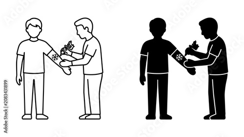 Photos Medical Check-up Icon: A clear line art and silhouette icon depicting a medical professional administering a vaccine or taking a blood sample from a patient's arm