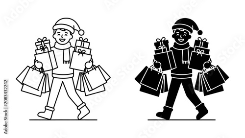 Foto Christmas Shopper Duo: Two stylized figures, one outlined and one silhouetted, both wearing Santa hats and scarves, happily carry abundant shopping bags and gift boxes