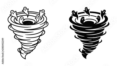 Tableau sur toile Cartoon Tornado with Ghosts: A whimsical illustration depicting a swirling tornado with cartoon ghosts playfully peeking out from the vortex