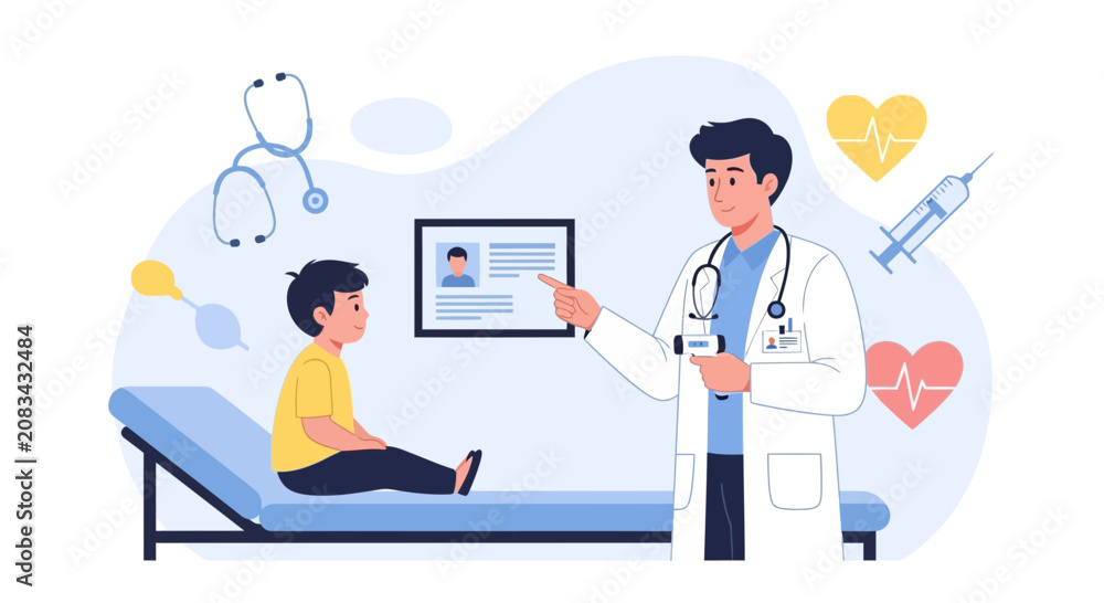 Fototapeta premium Pediatrician Examining Young Patient in Medical Setting with Healthcare Equipment
