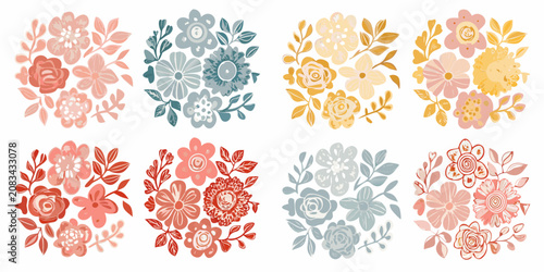 Tableau sur toile Muted Floral Bouquet Set Collection Vector Illustration On White Background