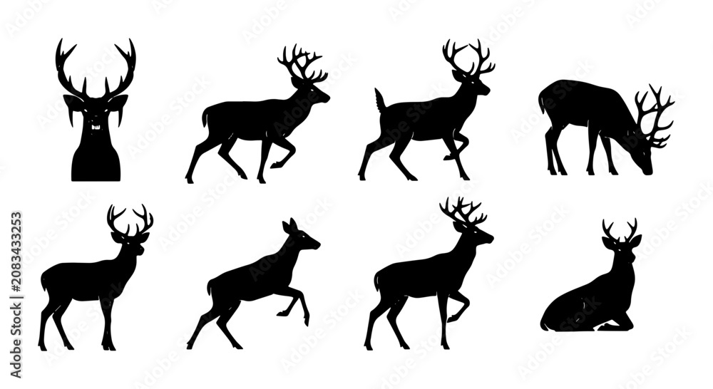 Fototapeta premium Deer Silhouettes Collection, Majestic Stag Poses, Wildlife Animal Vector Graphics, Forest Creature Icons, Nature Art Elements