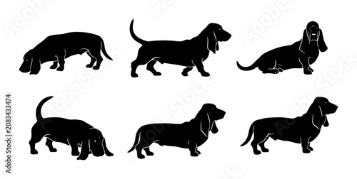 Fotografía Basset Hound Silhouettes Collection, Vector Dog Poses, Black Canine Graphics for