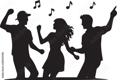 Obraz na płótnie Dancing people silhouettes, music notes, party icons, vector illustrations, blac