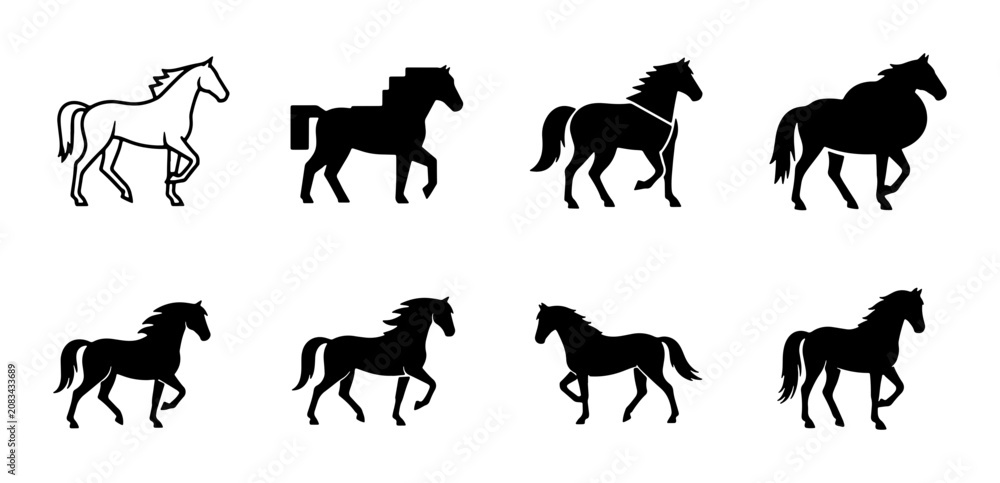 Fototapeta premium Horse Silhouette Collection, Equine Animal Icons, Galloping and Trotting Vector Graphics, Livestock and Equestrian Symbols