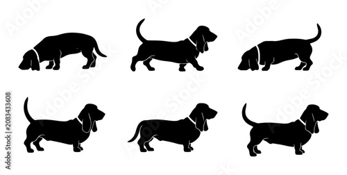 Cuadro en lienzo Basset Hound Silhouettes, Six Dog Poses, Black Vector Icons, Canine Breed Collec