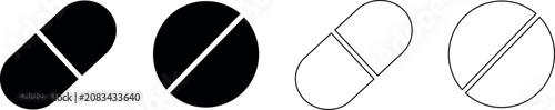 Photos Set of simple icons representing pills and capsules with a dividing line
