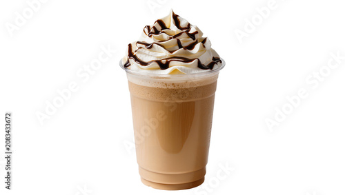 Foto Iced coffee with whipped cream and chocolate syrup in a plastic cup