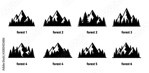 Mountain Forest Silhouettes, 6 Vector Designs, Nature Landscape Icons, Outdoor Adventure Graphics, Black and White Elements