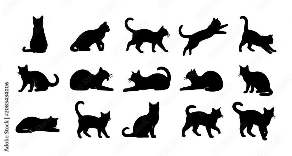 Obraz premium 15 Black Cat Silhouettes, Vector Icons Set: Playful Feline Poses, Domestic Animals Collection for Graphics and Design