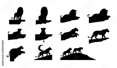 Fotografía Majestic Lion Silhouettes, Feline Prowl Vector Icons, Big Cat Poses Collection,