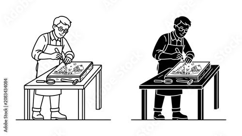 Φωτογραφία Craftsman at Work: An artisan meticulously carves intricate details into a stone slab, demonstrating skill and dedication in their craft