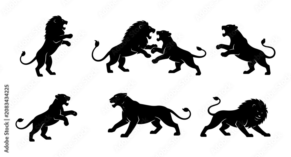 Obraz premium Six Black Lion Silhouettes, Majestic Feline Poses, Powerful Animal Vector Icons, Regal Wildlife Graphics, Fierce Predator Illustrations, Strength Symbolism