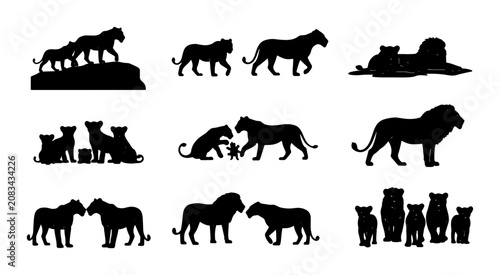 Canvas-taulu Lion Family Silhouettes, Majestic Big Cat Vector Icons, Wild Animal Group Poses,
