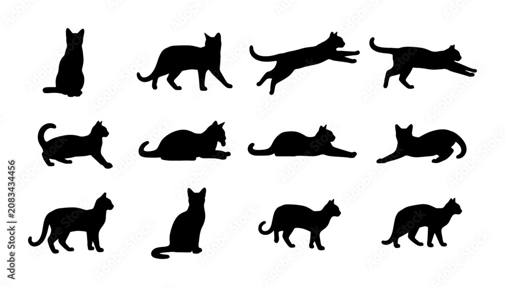Obraz premium 12 Black Cat Silhouettes Vector Set, Feline Poses Collection, Domestic Animal Icons for Pet Design