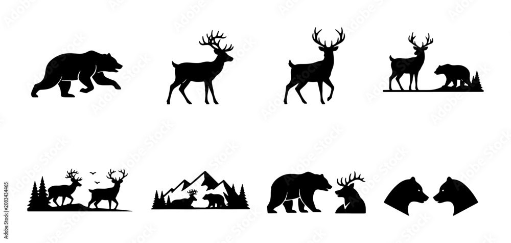 Fototapeta premium Wild Animal Silhouettes: Bear and Deer Vector Icons, Mountain and Forest Scenes, Nature Graphics for Outdoor Themes