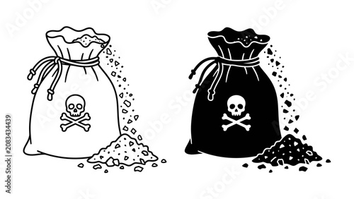Obraz na plátně Poison Bag Illustration: A stylized illustration of a bag with a skull and crossbones symbol, indicating poison, with spilled contents forming a pile