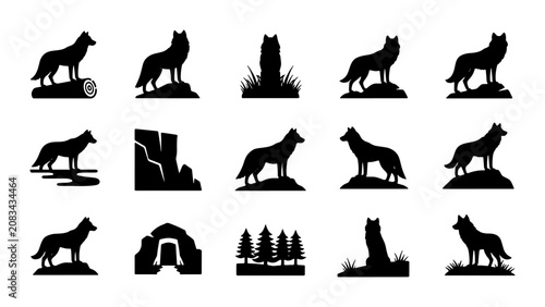 Canvastavla Wolf Silhouette Icon Set, Wild Animal Vector Graphics, Nature Landscape Elements