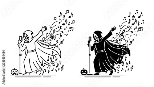Obraz na plátně Halloween Grim Reaper Singing: Two stylized illustrations show a grim reaper figure with a cape and hood singing into a microphone, with musical notes floating around