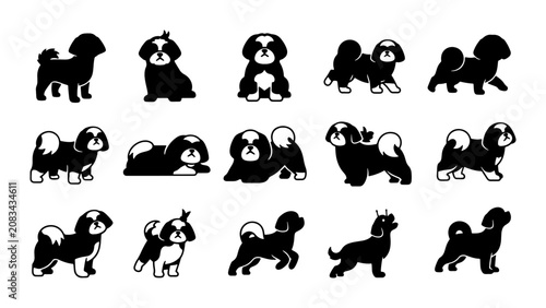 Shih Tzu Dog Silhouettes Collection, Adorable Pet Poses Vector Set, Black and White Canine Graphics for Design Projects