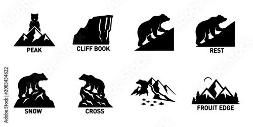 Mountain Bear Silhouettes, 8 Vector Icons Set: Peak, Cliff, Snow, Rest, Cross, Frout Edge, Adventure, Nature