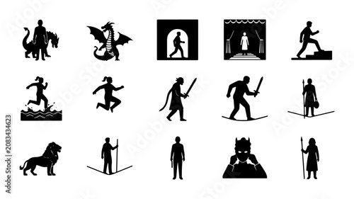Fantasy Adventure Icons, Mythical Creatures & Heroic Figures Set, Medieval Knights & Dragons Vector Graphics, Epic Quest & Legend Silhouettes