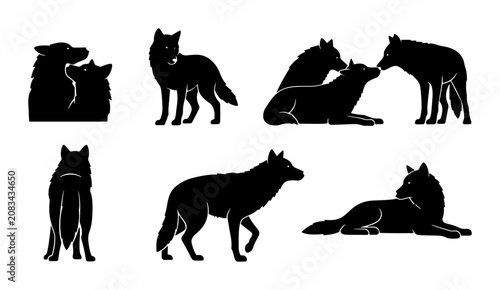 Wolf Silhouettes Collection, Wild Canine Animal Poses, Nature Wildlife Vector Graphics, Black and White Forest Creature Illustrations