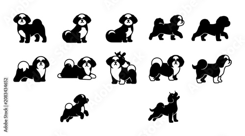 Shih Tzu Dog Icon Set, Adorable Pet Silhouettes, Black and White Canine Poses, Vector Graphics for Animal Lovers and Pet Brands