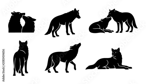 Wolf Silhouettes Collection, Canine Animal Poses Vector Set, Wild Creature Graphic Elements for Nature and Wildlife Designs