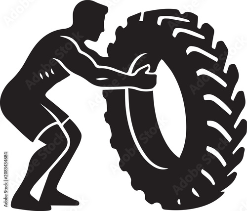 Man Flipping Giant Tire Functional Fitness Workout Vector Silhouette