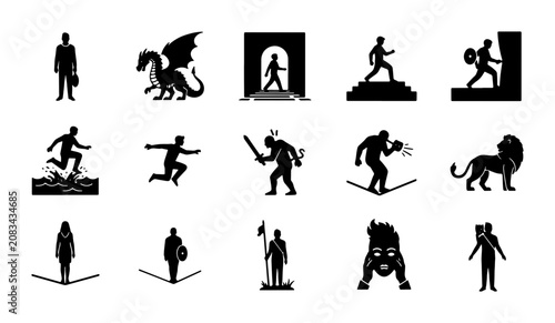 Fantasy Creature and Heroic Silhouette Icons Set, Mythical Beasts, Warriors, and Adventurers, Black Vector Graphics for Storytelling and Game Design
