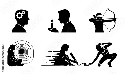 Silhouette Icons Set: Innovation, Insight, Focus, Meditation, Creativity, Action, 6 Vector Graphics for Concept Visualization