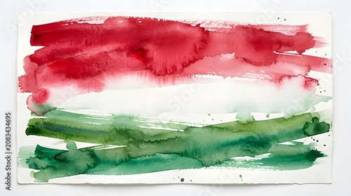 Watercolor wash abstract red and green color blocks on white paper