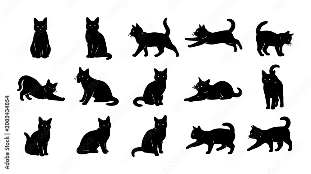 Obraz premium Black Cat Silhouettes Vector Collection: 15 Feline Poses, Domestic Animal Icons, Pet Graphics for Design Projects