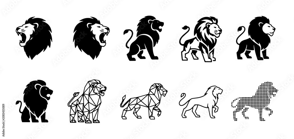 Obraz premium Lion Vector Icons Collection: Majestic Big Cat Silhouettes, Geometric Designs, and Stylized Illustrations for Branding and Graphic Projects