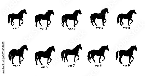 Fényképezés Horse Silhouette Collection, 9 Variations, Dynamic Poses, Equestrian Vector Art,