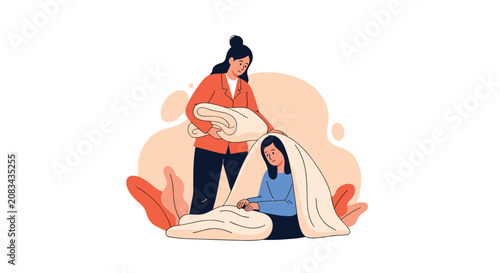 Compassionate woman covering a cold or suffering person with a warm blanket, showing support and charity.