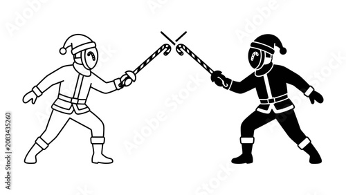 Fotografie Holiday Dueling Duo: Two figures dressed as Santa Claus duel with candy canes in a playful, stylized illustration representing a festive holiday clash