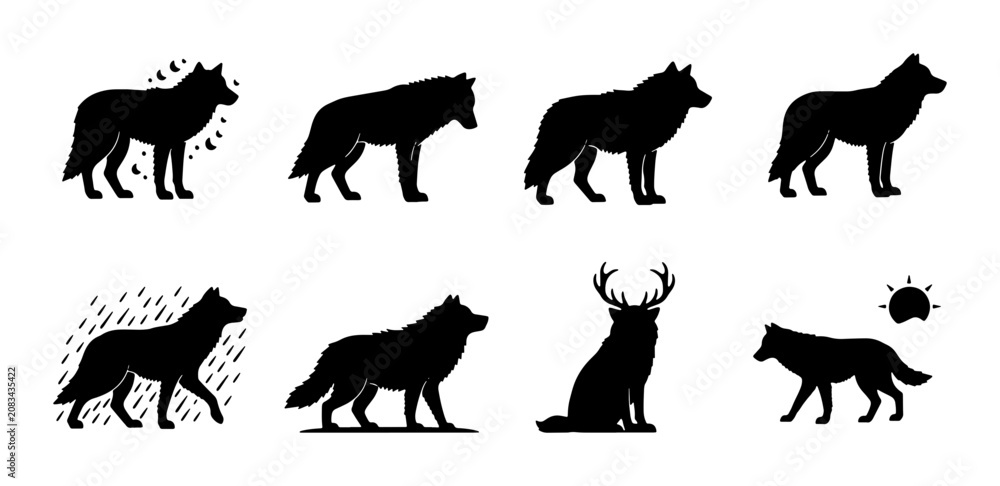 Obraz premium Wolf Silhouette Collection, Wild Canine Icons, Forest Animal Graphics, Nature Wildlife Vector Set