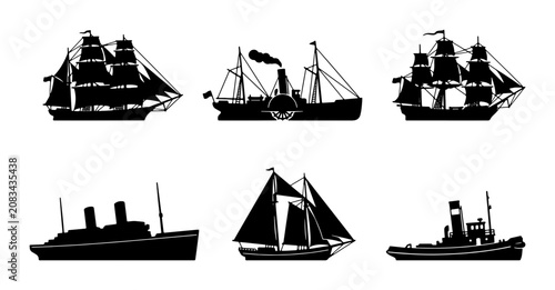 Vintage Sailing Ships and Steam Vessels, Set of 6 Nautical Silhouettes, Classic Maritime Transport Icons