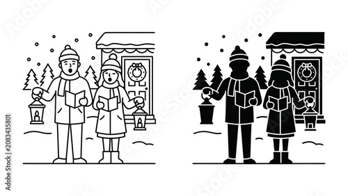 Obraz na plátně Christmas Carolers in the Snow: A heartwarming scene of two carolers, a man and a woman, dressed in winter attire and holding lanterns, sing carols outside a snow-covered house adorned with a wreath