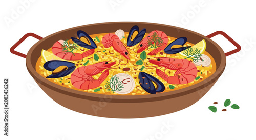 Traditional Spanish seafood paella in a metal pan with shrimp, mussels, rice, and lemon slices, isolated on a white background.