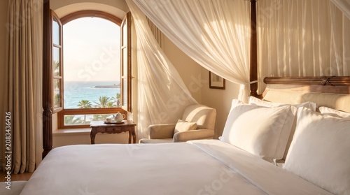 Luxurious resort bedroom with ocean view through open window and elegant canopy bed