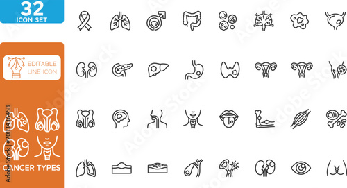 Cancer types line editable Icons set. vector illustration. Contain icons related to Cancer types, Tumor, and more. on transparent background.