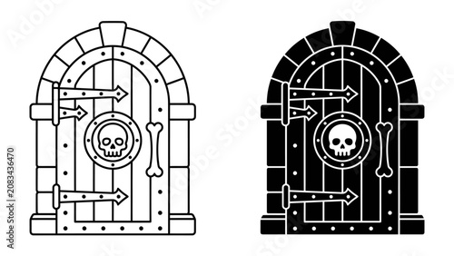 Bild auf Leinwand Ancient wooden door with skull and bones illustration