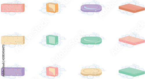 Obraz na płótnie Bar Soap and Bath Sponge Icon Set with Foamy Bubbles and Lather for Body Care, S